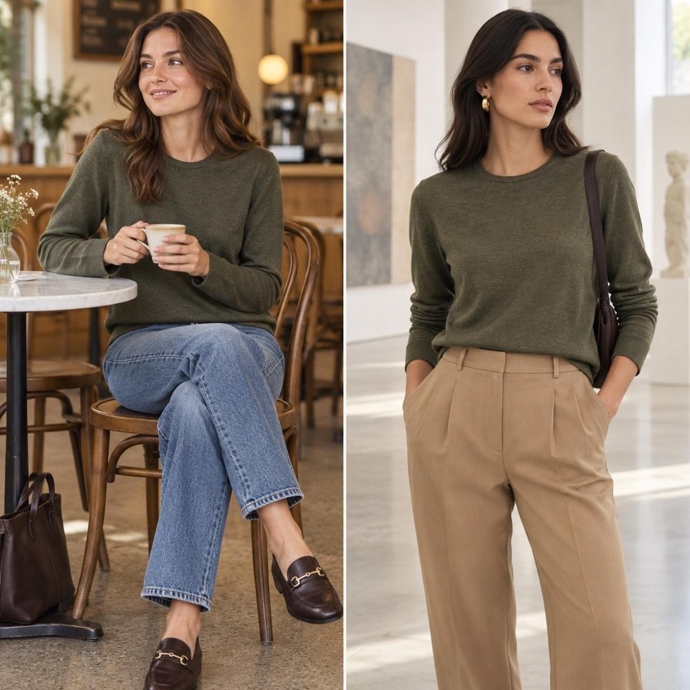 Gio Villani Merino Wool Crewneck Sweater Women's L Olive Italy Quiet Luxury Fall